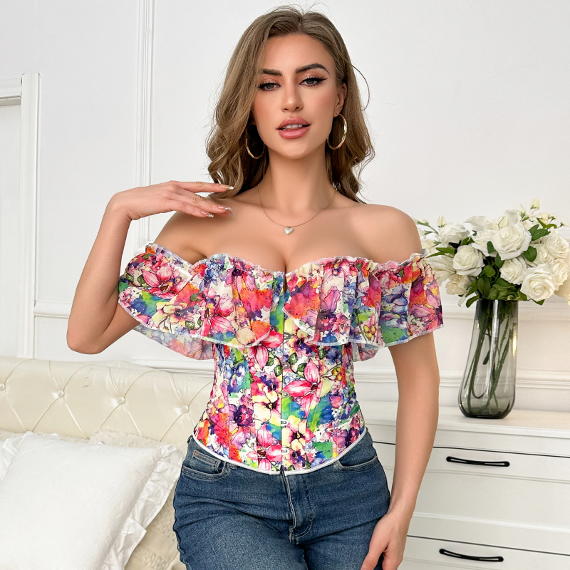 Corset Tops for Women Lace Up Floral Corset Top Puff Short Sleeve Crop Top